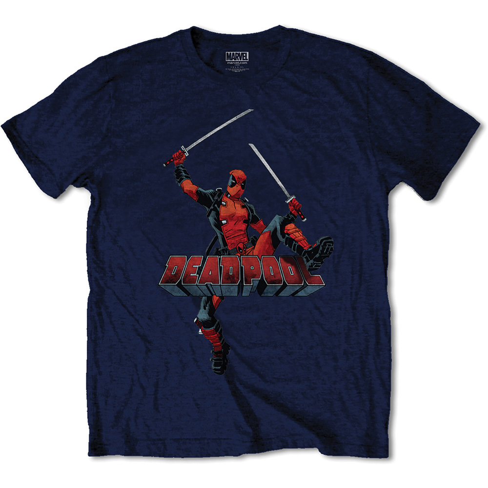 Marvel Comics Navy Blue Mens T Shirt Deadpool Jump Logo Swords Wade Official Ebay